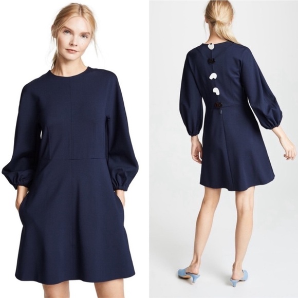 Tibi/ Bond Stretch Sculpted Button-Back Mini Dress navy blue long sleeve 2 - Picture 1 of 11